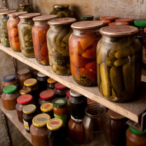 home seaming with vegetables and fruits put on the shelves